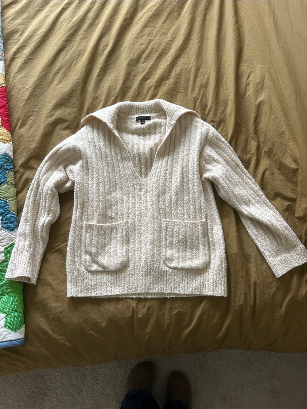J Crew Cozy Cream V-Neck Collared Sweater with Front Pockets XS
